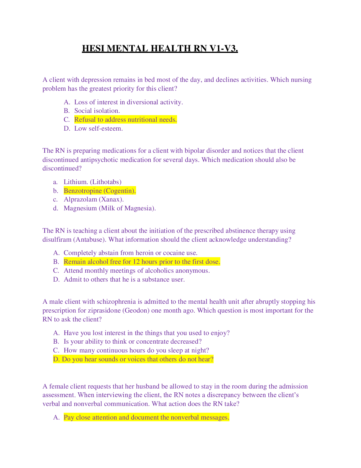 Preview image for HESI MENTAL HEALTH RN V1-V3.